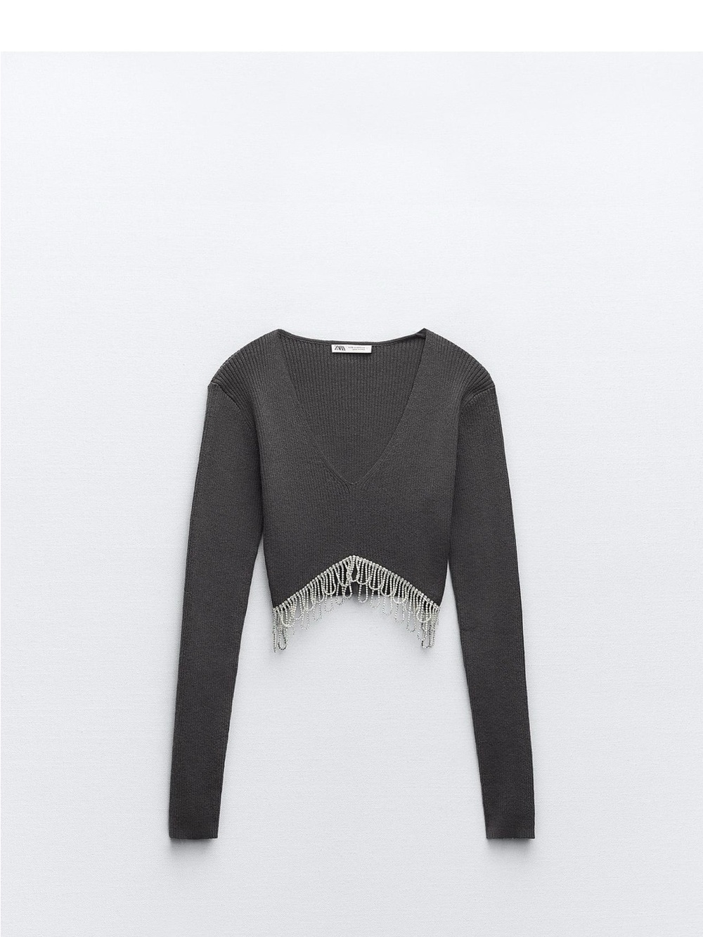 Rhinestone-Trim V-Neck Cropped Sweater - Charcoal